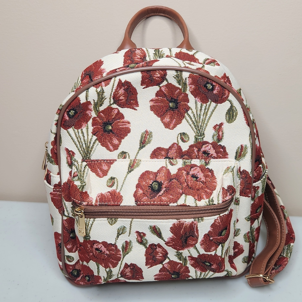 Signare Poppy Floral Tapestry Backpack Red Flowers Adjustable Straps